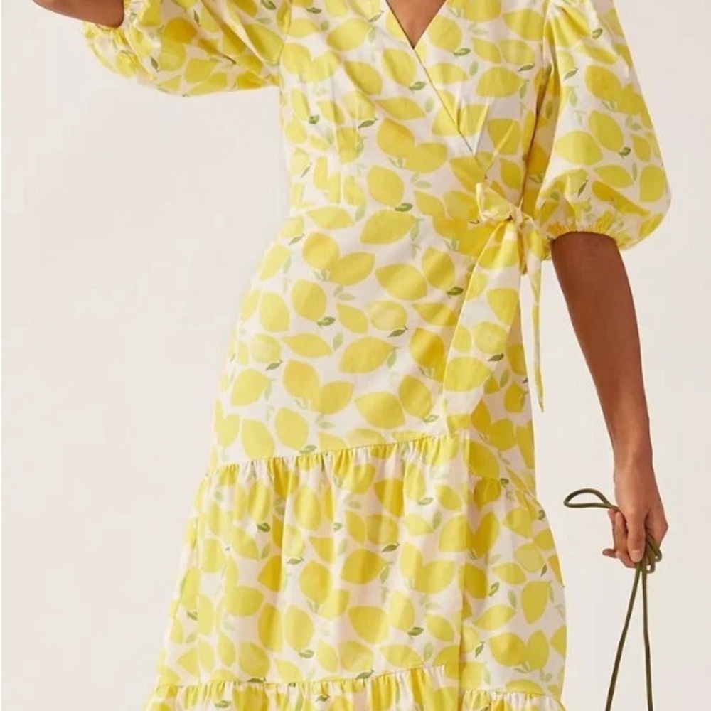 Hutch Anthropologie Yellow Lemon Print Tiered Wrap Midi Dress